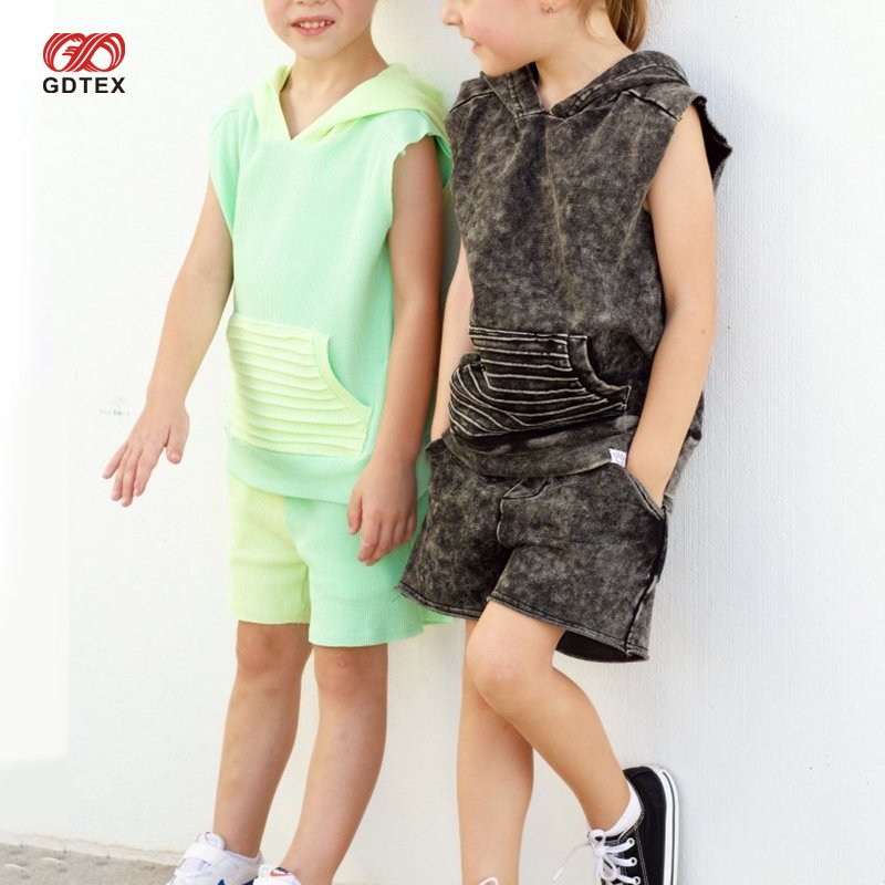 GDTEX Custom Professional OEM ODM Kid Streetwear Supplier Black Acid Wash Summer Leisure Tank Vest and Shorts Boy Clothing Set