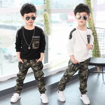 Children's suits spring and autumn models new boy suits hooded camouflage children's clothing two sets big boys clothes
