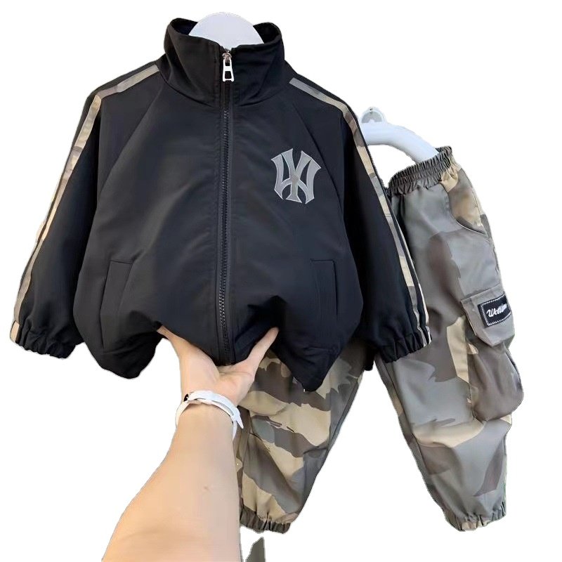Western style autumn style spring Korean style boy fashionable two-piece set Green denim boys' suit Leisure and Sports Boys' Set