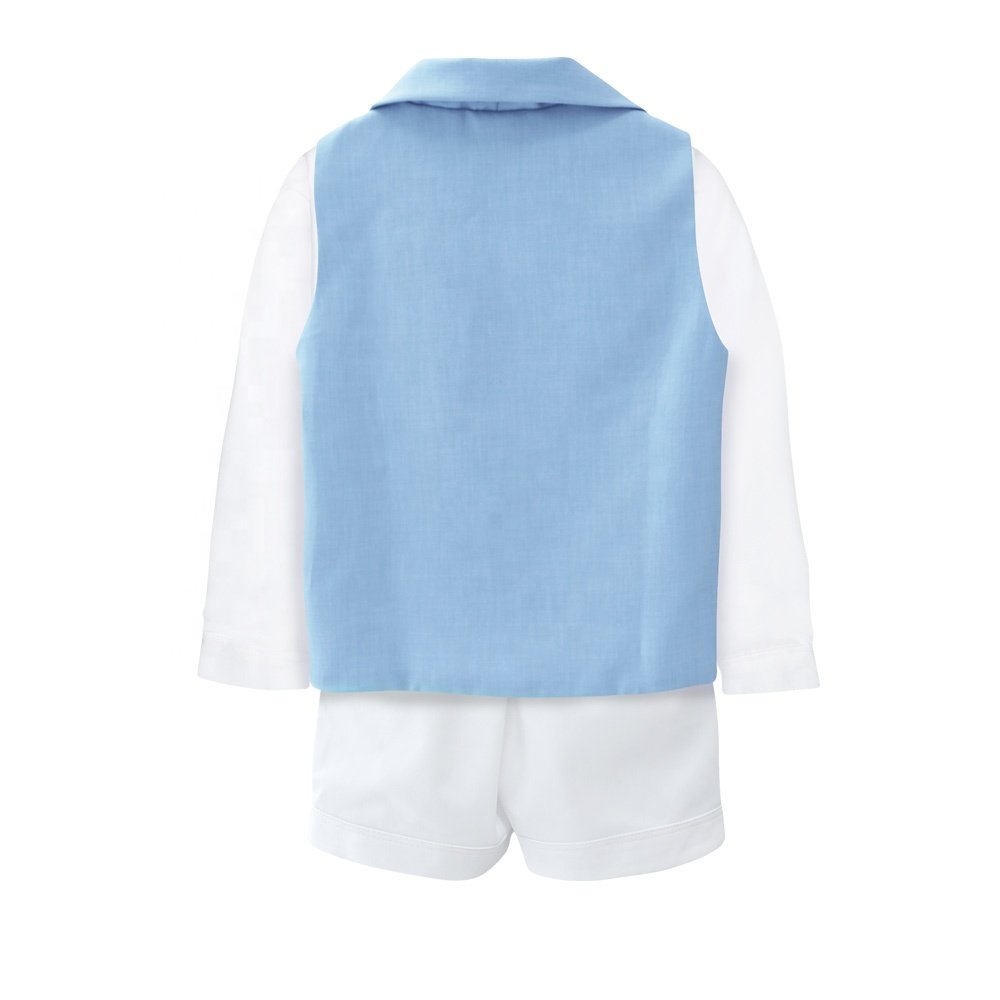Christmas Baby Boy Set 4 Pieces Suits Outfits OEM ODM Blue Vest Blue Tie Bow Long Sleeves Shirt Short Pants White - Felix Set