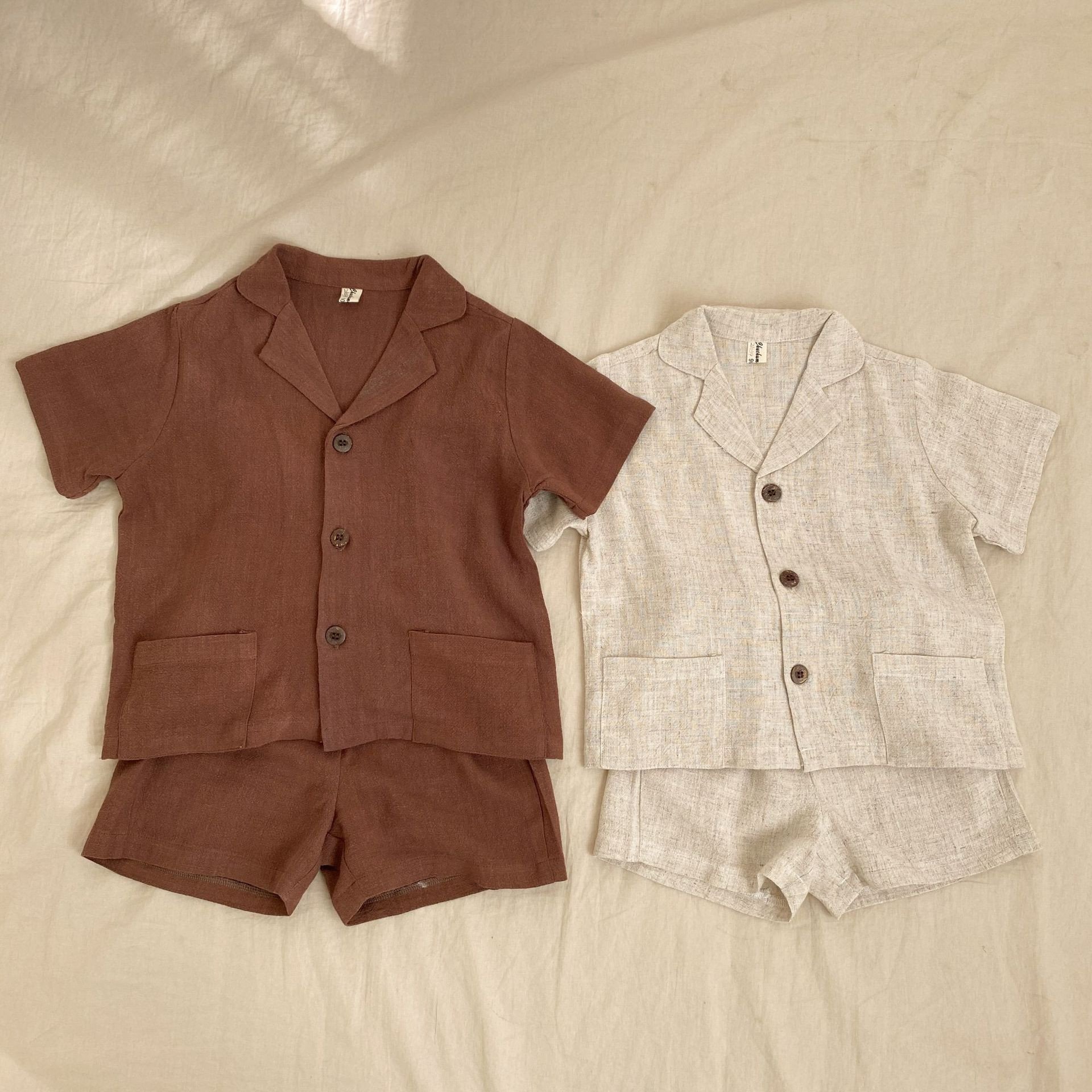 Summer Kids Boys Solid Brown Beige Linen Shirts Shorts Casual Children Clothes Sets