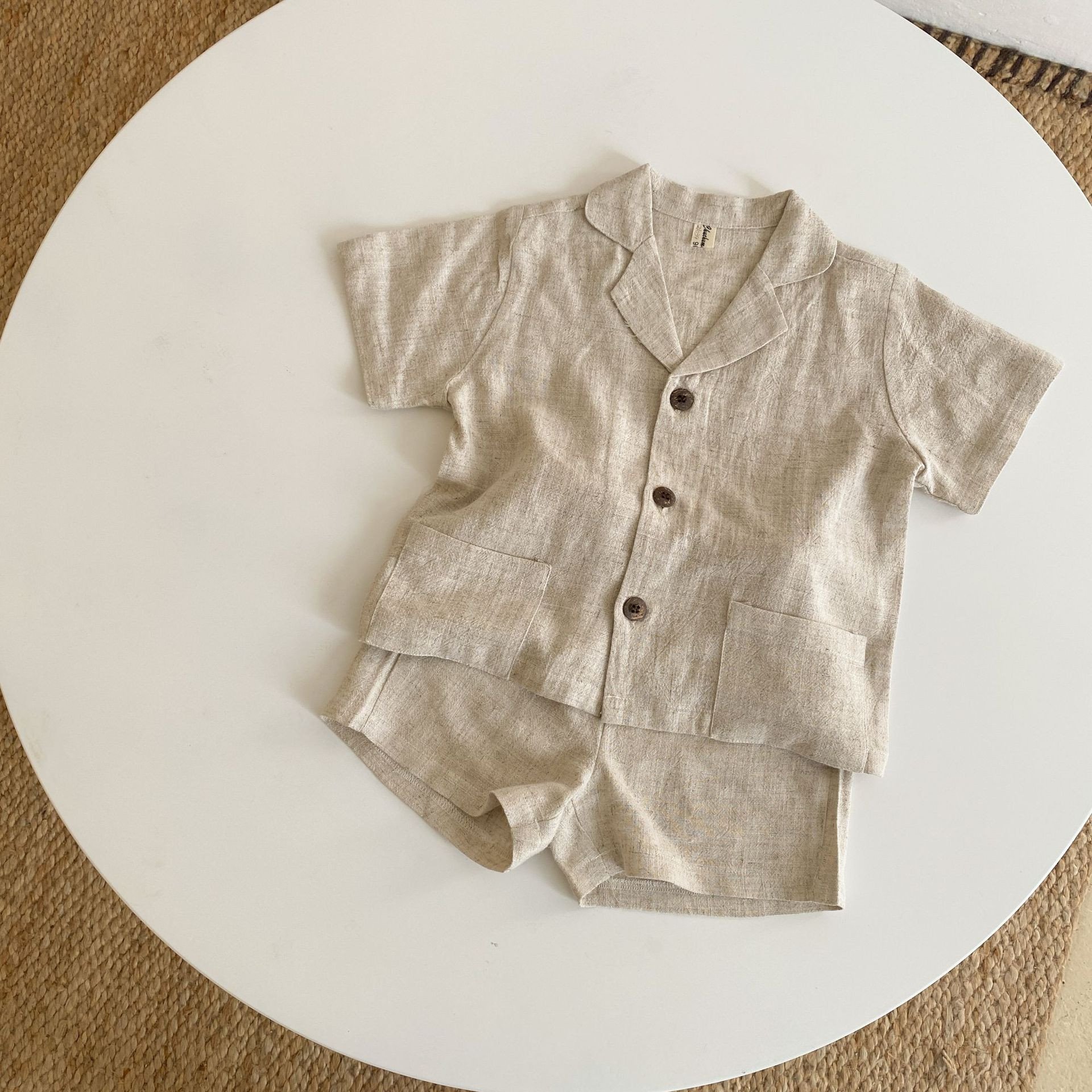 Summer Kids Boys Solid Brown Beige Linen Shirts Shorts Casual Children Clothes Sets