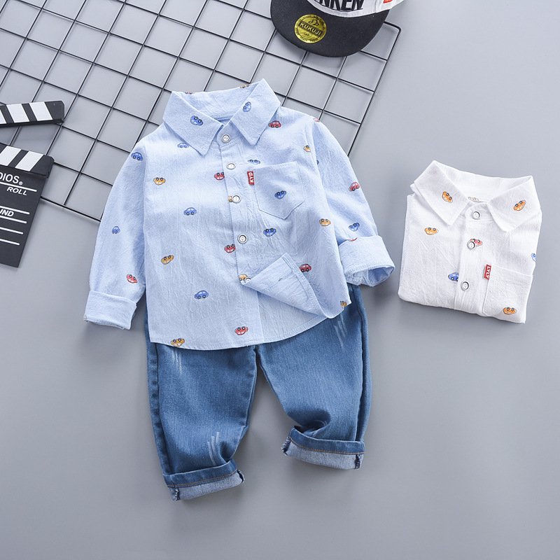 2024 New Children Long Sleeve Dinosaur Shirt Denim Pants Clothing set Kids Spring Casual Shirt Two Piece Boy Jeans Clothes Sets