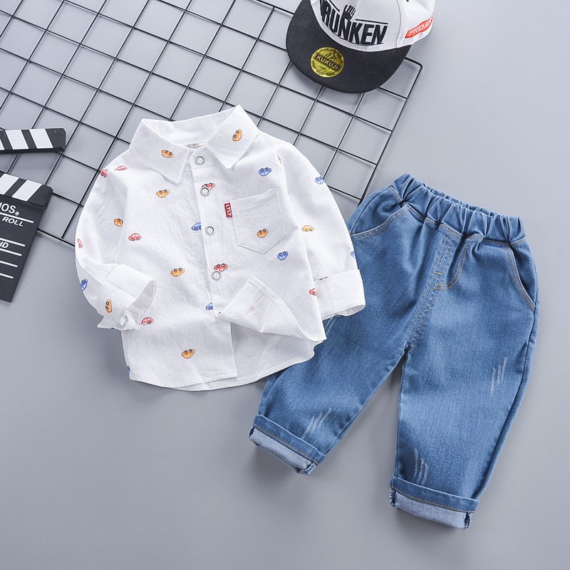 2024 New Children Long Sleeve Dinosaur Shirt Denim Pants Clothing set Kids Spring Casual Shirt Two Piece Boy Jeans Clothes Sets