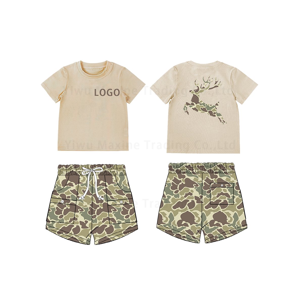 Factory design boys clothing sets hunting dog pattern hot stamping shirt children hunting outfits camo cargo shorts for boy