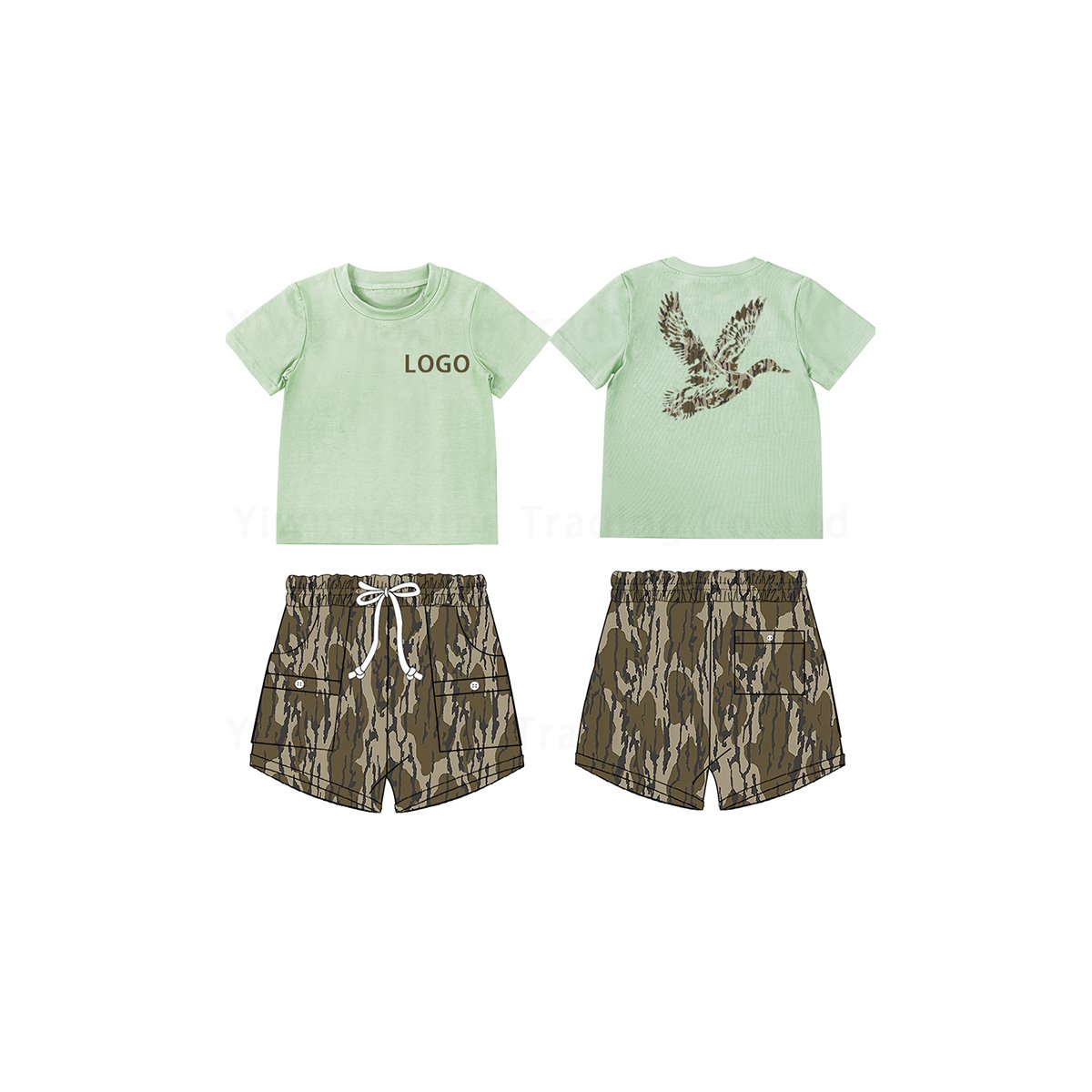 Factory design boys clothing sets hunting dog pattern hot stamping shirt children hunting outfits camo cargo shorts for boy
