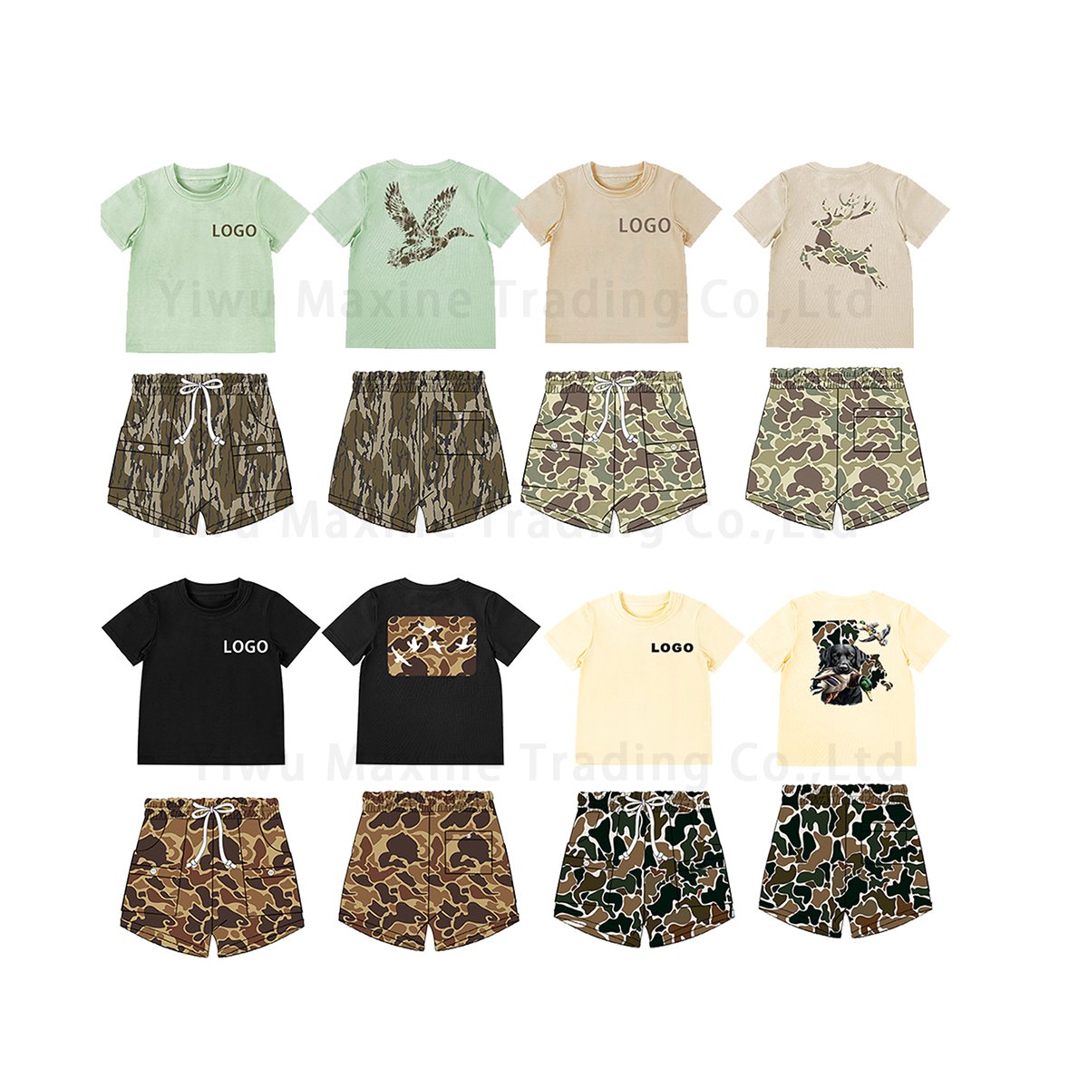 Factory design boys clothing sets hunting dog pattern hot stamping shirt children hunting outfits camo cargo shorts for boy
