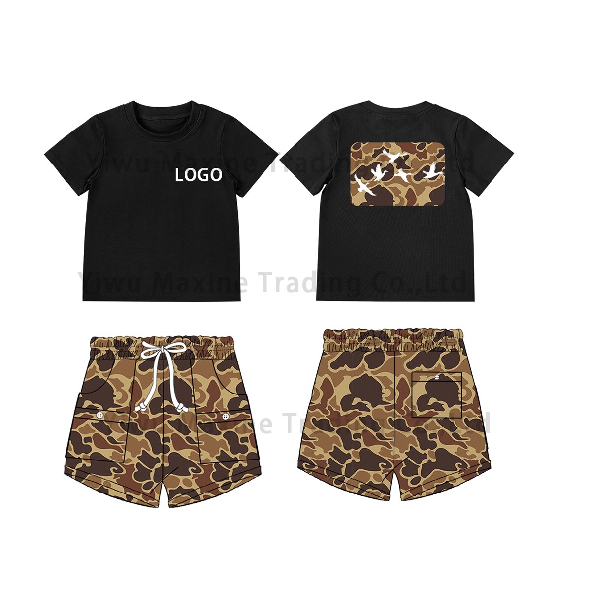 Factory design boys clothing sets hunting dog pattern hot stamping shirt children hunting outfits camo cargo shorts for boy