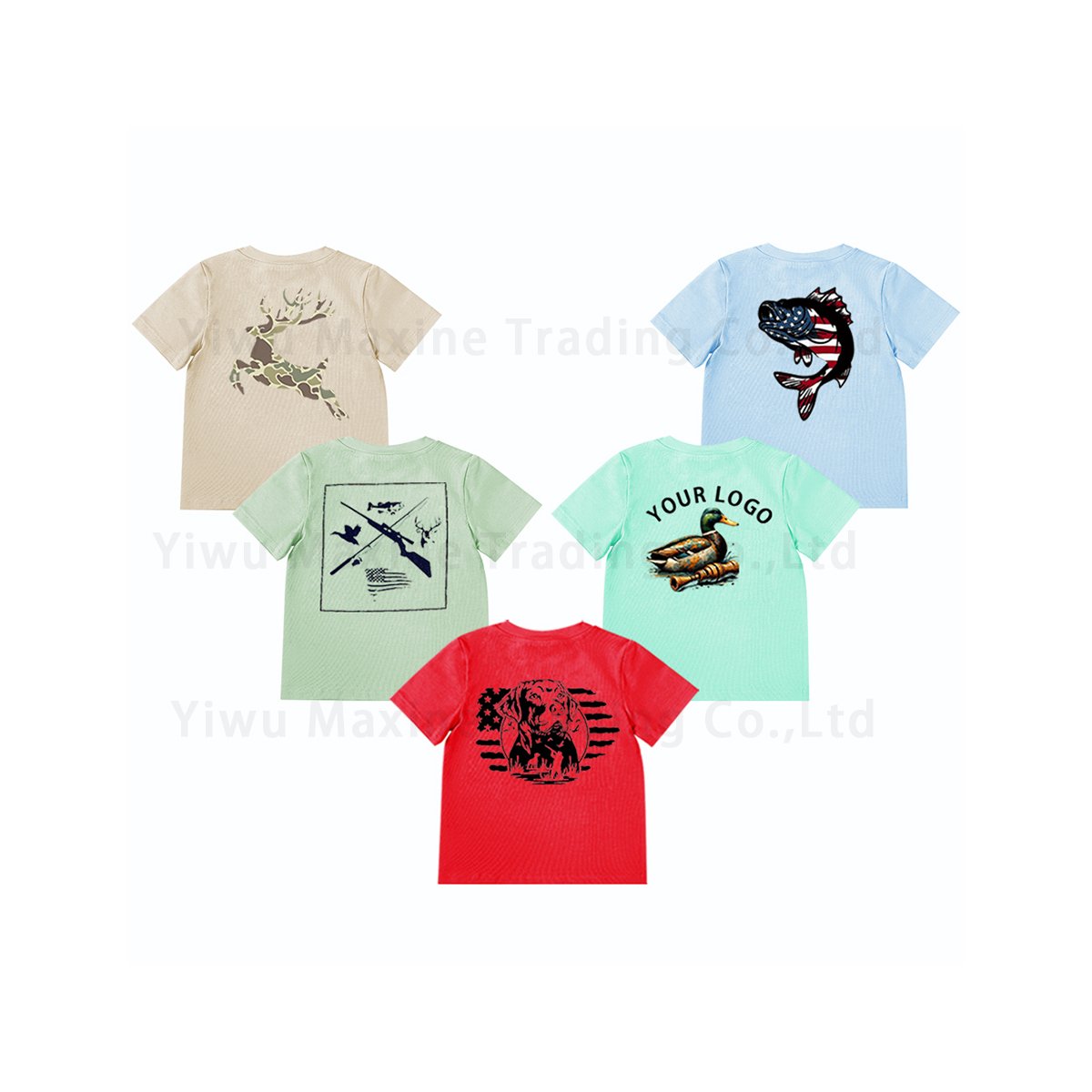 Factory design boys clothing sets hunting dog pattern hot stamping shirt children hunting outfits camo cargo shorts for boy