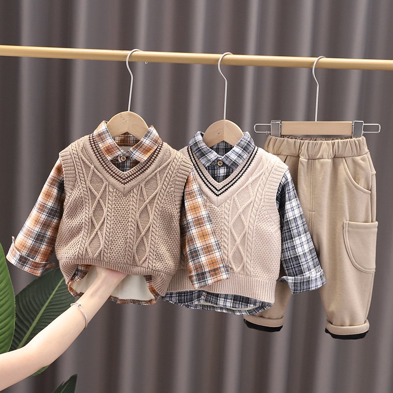 Boys' Sweater Vest Three Piece Set 2024 Spring and Autumn New Handsome Boys and Babies Spring Wear Korean Edition Children's Set