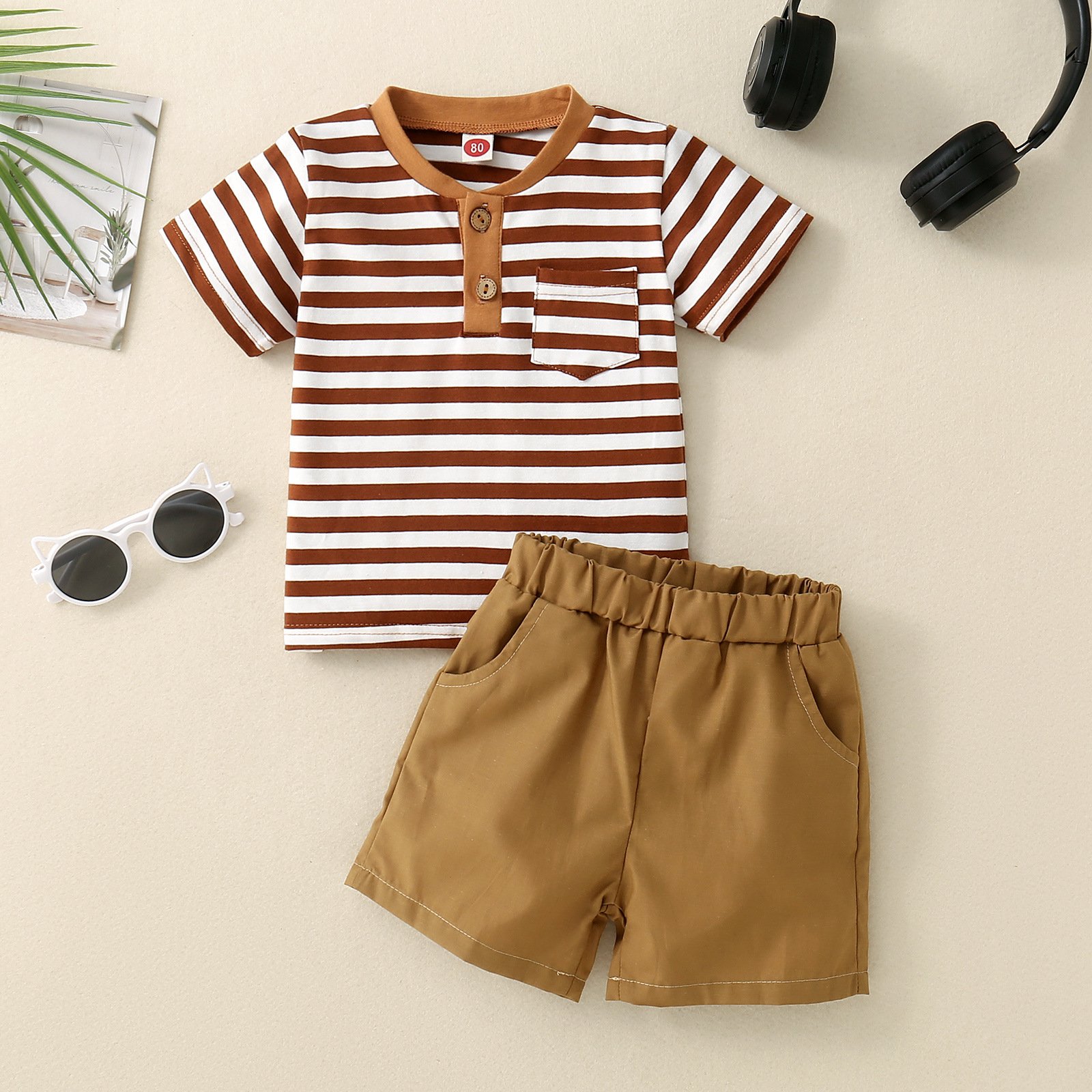 Infant and toddler open collar striped T-shirt set solid color boys casual pocket shorts 2-piece set