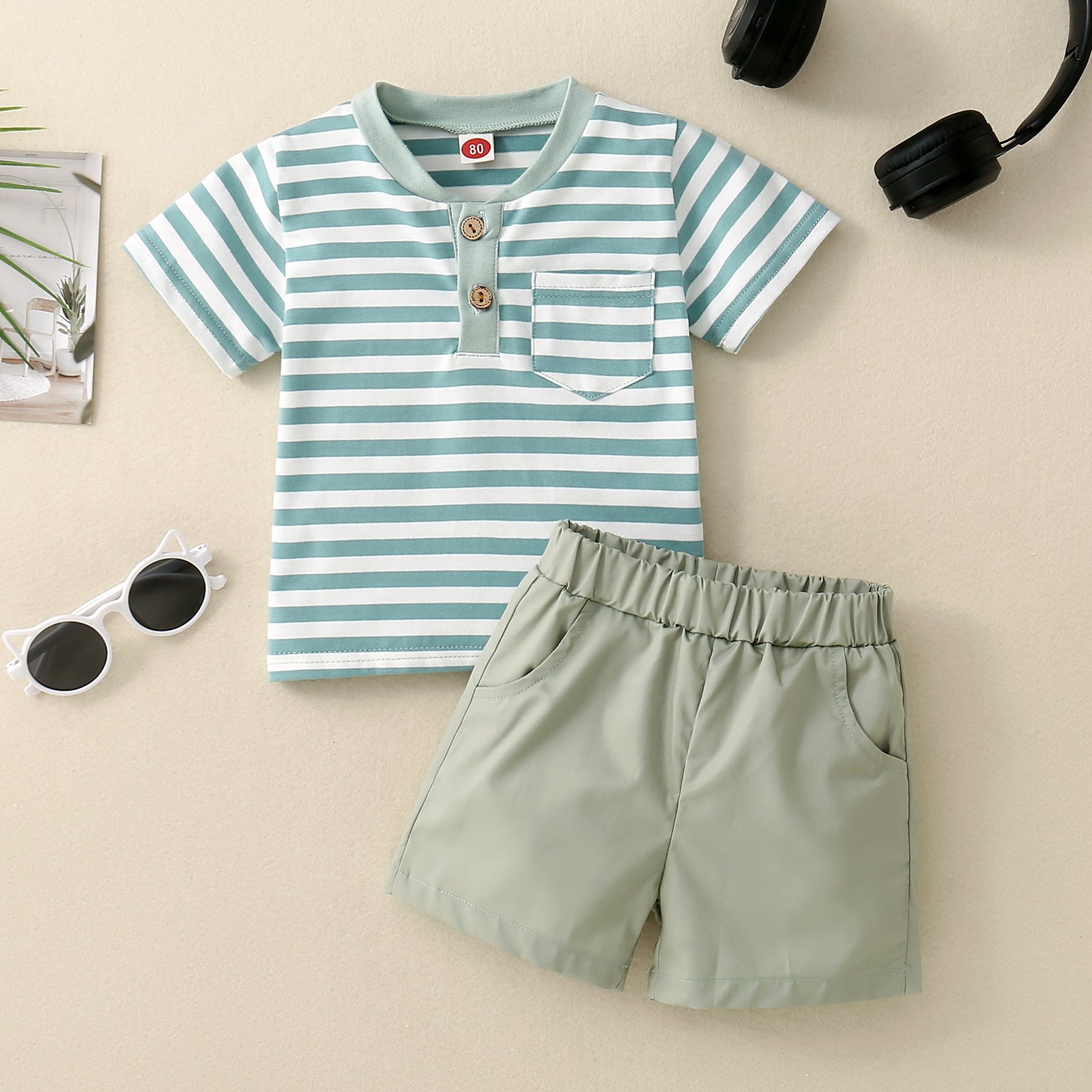 Infant and toddler open collar striped T-shirt set solid color boys casual pocket shorts 2-piece set