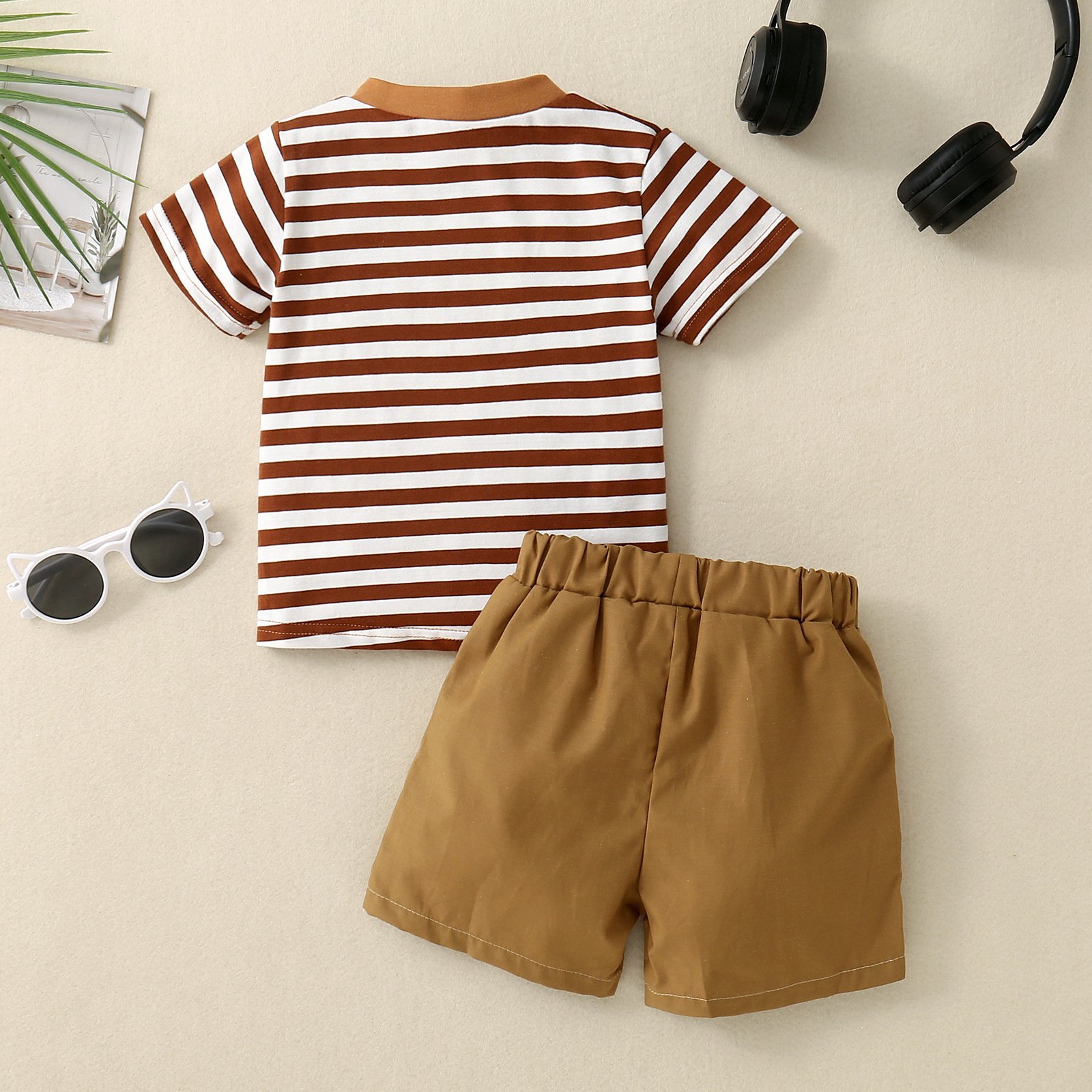 Infant and toddler open collar striped T-shirt set solid color boys casual pocket shorts 2-piece set