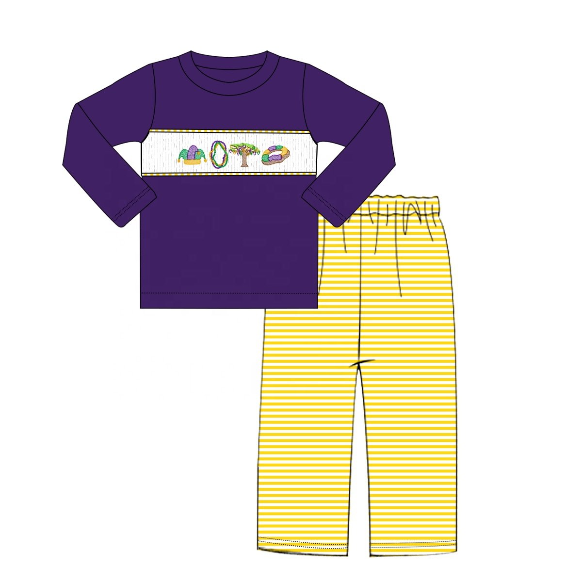 bulk orders kids clothes mardi gras boy smocked children clothing little boy clothing set with mardi gras hat embroidery