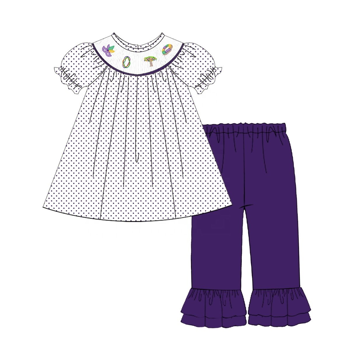 bulk orders kids clothes mardi gras boy smocked children clothing little boy clothing set with mardi gras hat embroidery