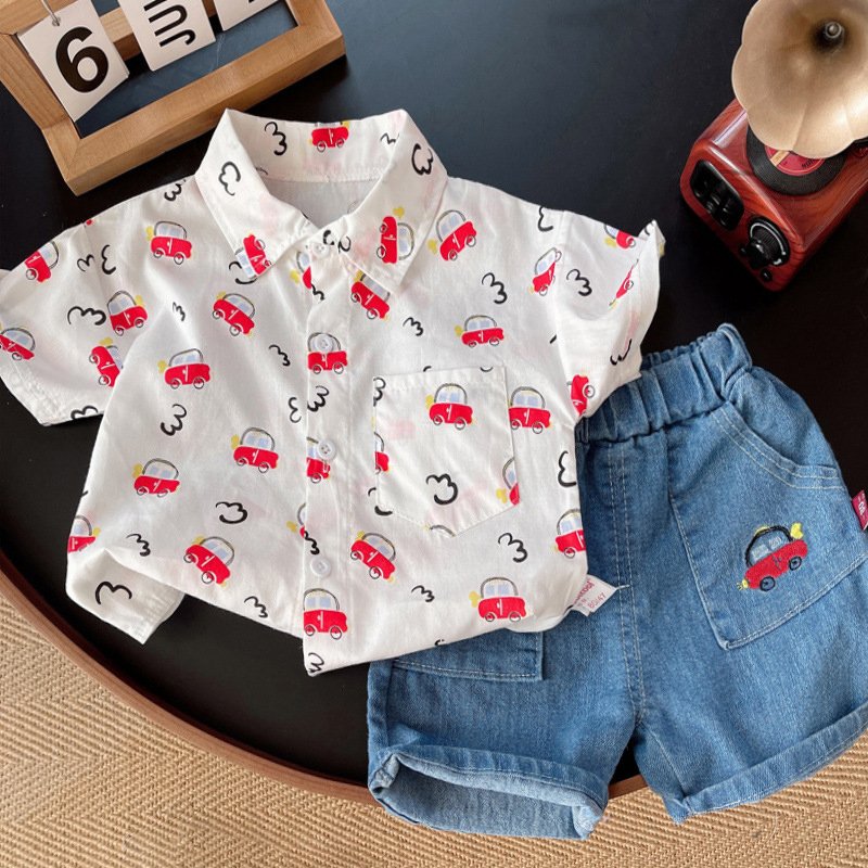 Newest Kids Summer Suits 2pcs Printed Shirt+Denim Shorts Casual Baby Boys Clothing Sets