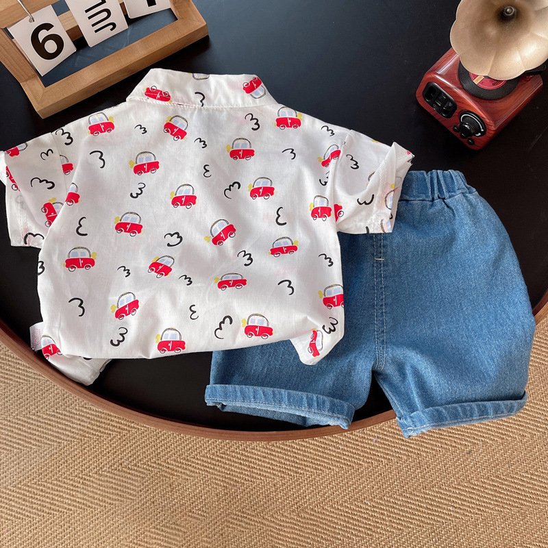 Newest Kids Summer Suits 2pcs Printed Shirt+Denim Shorts Casual Baby Boys Clothing Sets