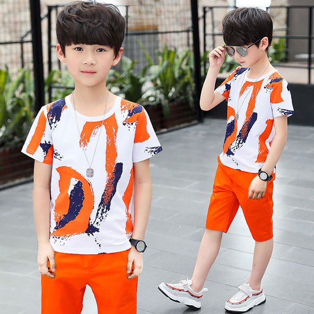 Clothing Manufacturer New Style Best Kids Orange Short sleeve Top And Short Pants 2Pcs Set Cloths For Boys
