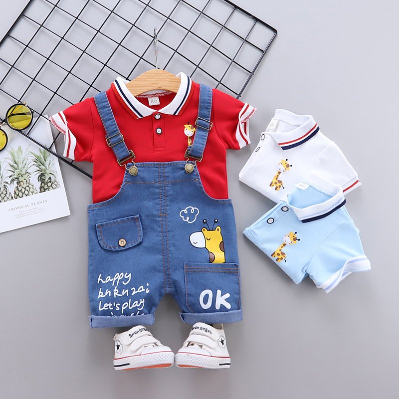 0-4 years children's overalls suit boy cartoon deer pattern POLO shirt summer children's short-sleeved toddler boys clothing set