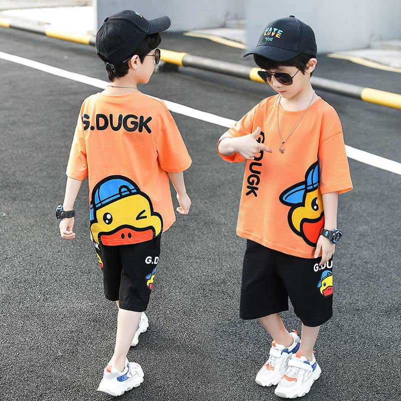Cotton Short Sleeve Summer Pants Cartoon Duck T-Shirt Two Piece Kids Clothing Sets For Boys