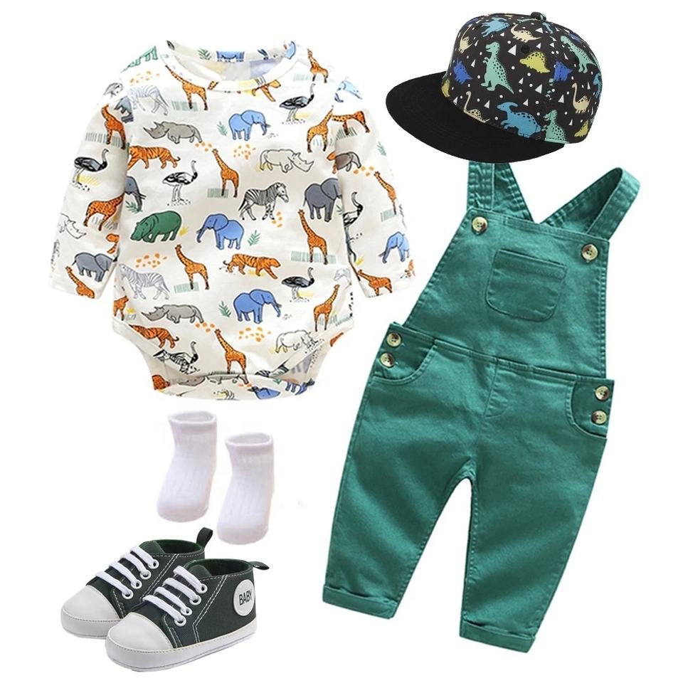 2023 Top 2psc 5psc Boys Dungarees Kids Toddler Set Summer Children Baby Boy Long Sleeves Romper Pants Newborn Shoes Socks Hat