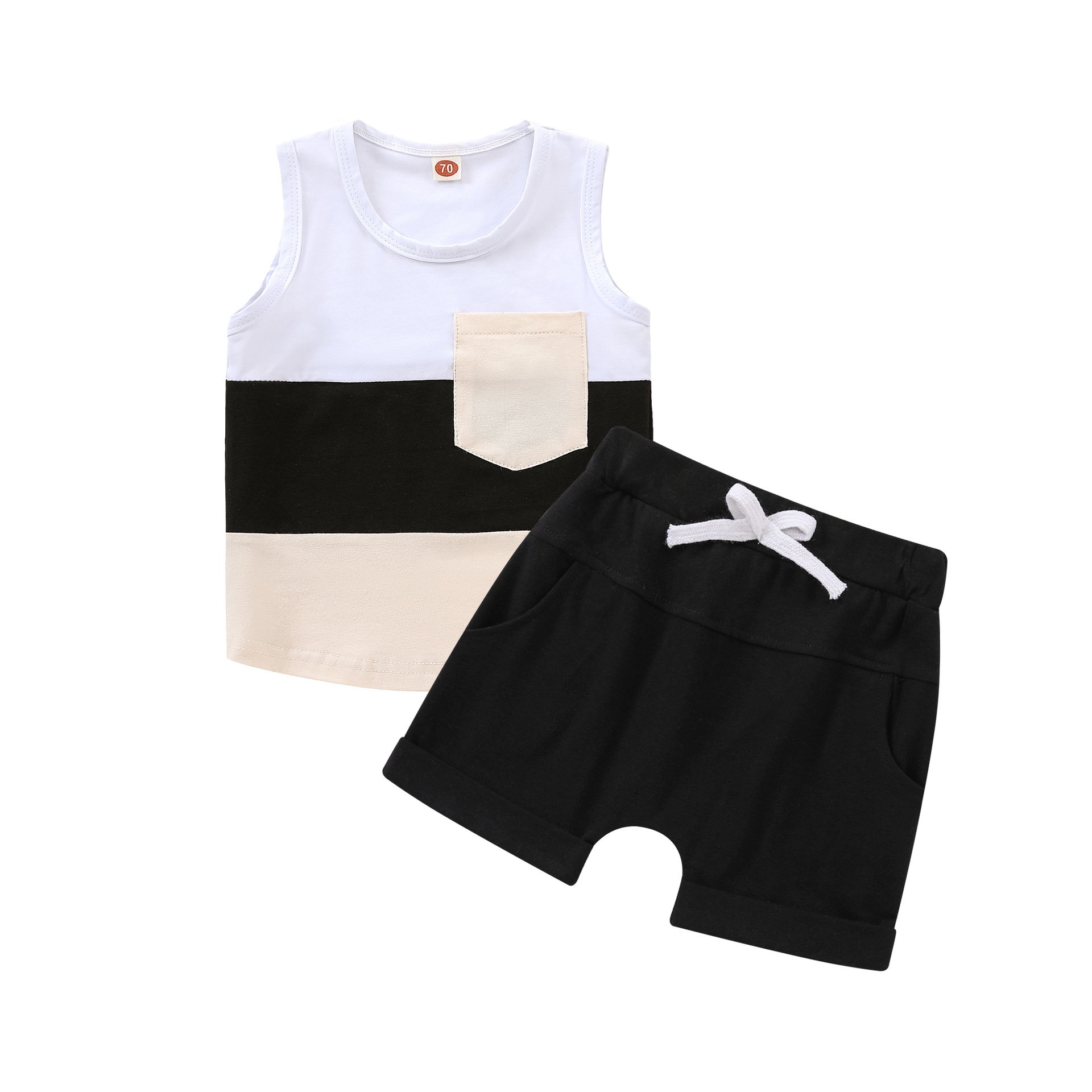 Wholesale baby suit boys summer suit 2024 solid color pocket sleeveless top shorts white cotton children's clothing