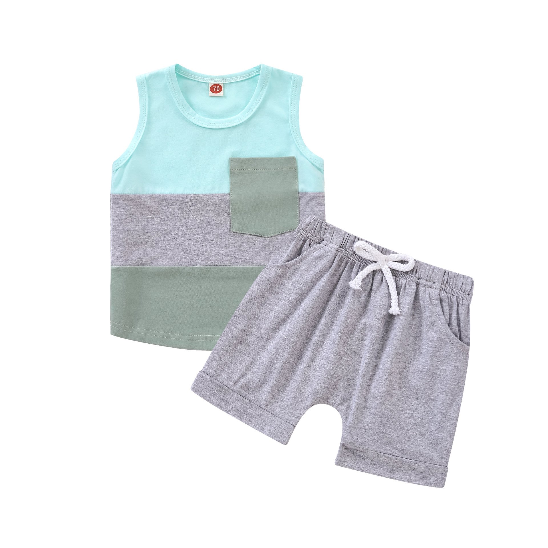Wholesale baby suit boys summer suit 2024 solid color pocket sleeveless top shorts white cotton children's clothing