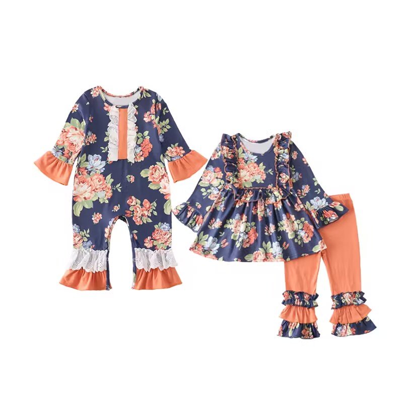 Christmas baby clothing set kids long sleeves ruffle dress jumpsuits outfits children's flower print boutique clothing