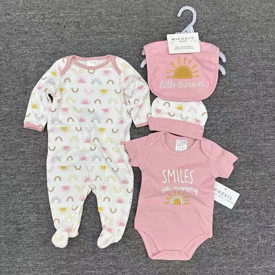4 Pcs Sets Boutique Baby Body Suit 2pcs Romper+Hat+Bib Comfortable Baby Suit For Boy 100%Cotton Newborn Sleepsuit Onesie