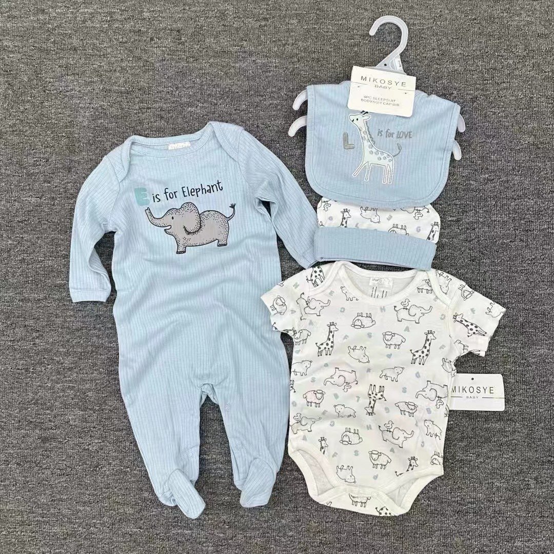 4 Pcs Sets Boutique Baby Body Suit 2pcs Romper+Hat+Bib Comfortable Baby Suit For Boy 100%Cotton Newborn Sleepsuit Onesie