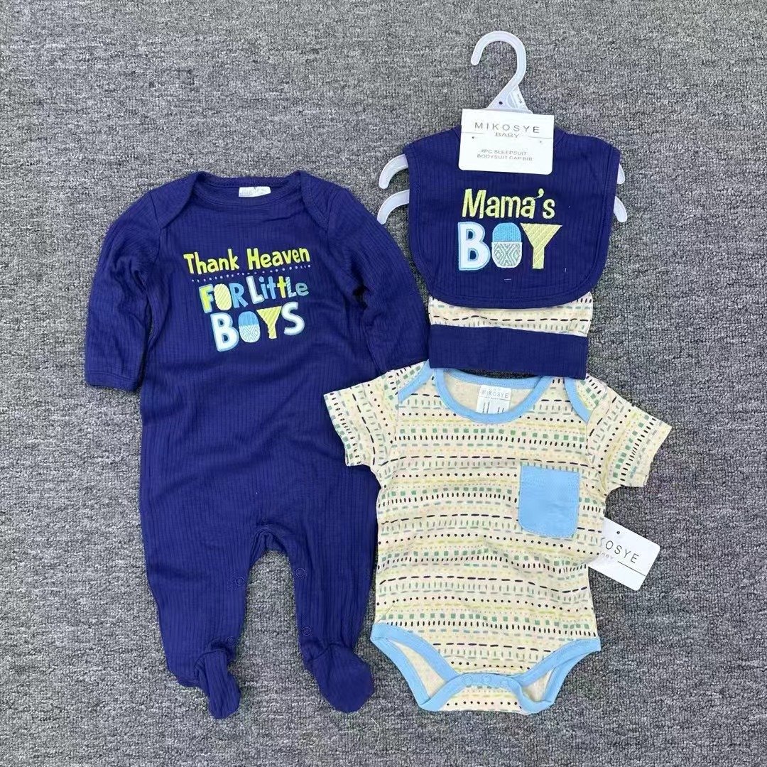 4 Pcs Sets Boutique Baby Body Suit 2pcs Romper+Hat+Bib Comfortable Baby Suit For Boy 100%Cotton Newborn Sleepsuit Onesie