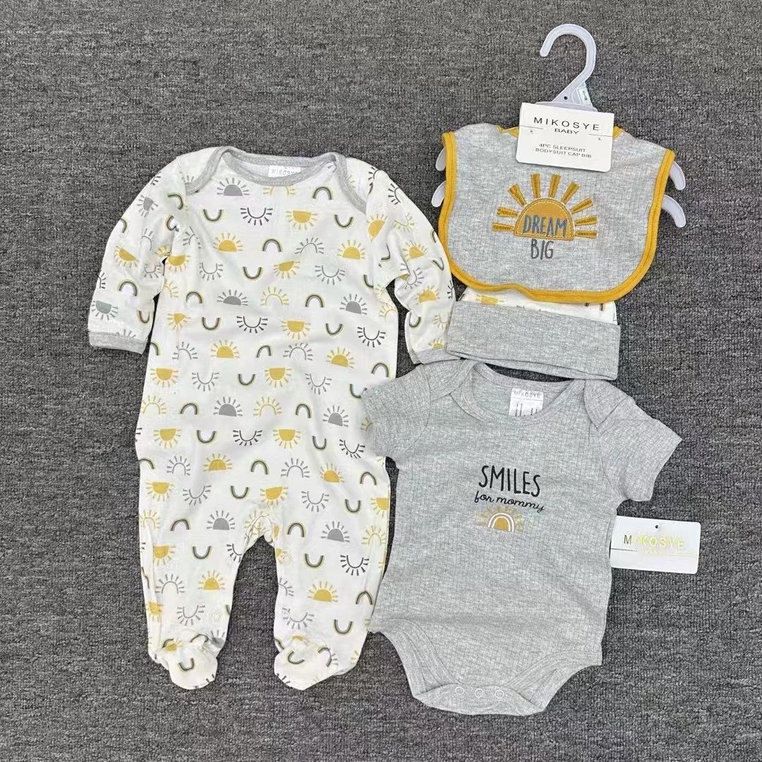 4 Pcs Sets Boutique Baby Body Suit 2pcs Romper+Hat+Bib Comfortable Baby Suit For Boy 100%Cotton Newborn Sleepsuit Onesie