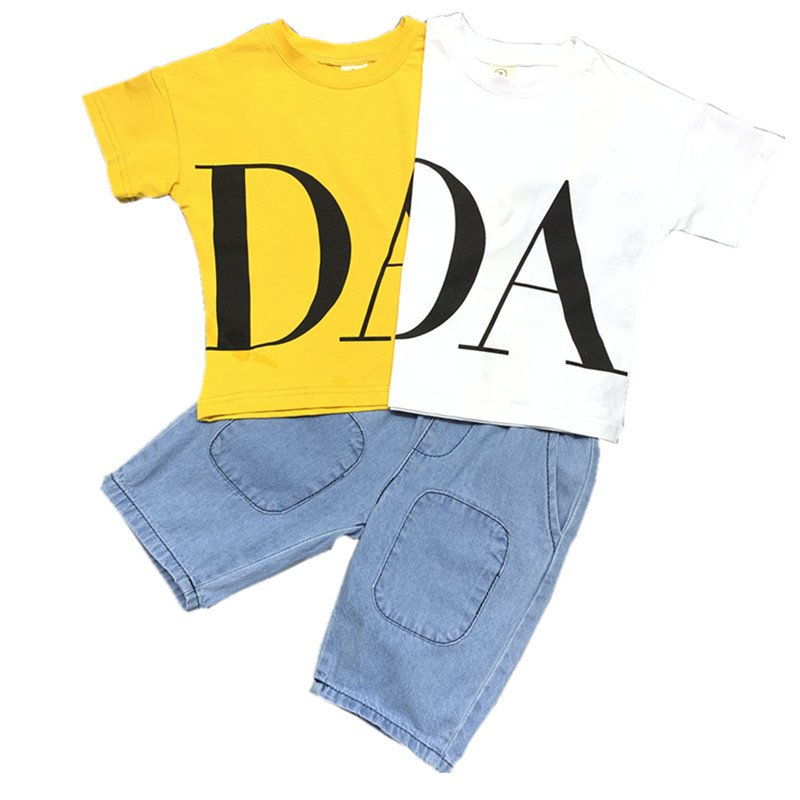 Wenzhou 2020 Summer New Edition Boys' Clothing Set Stylish Letter Print T-Shirt and Casual Shorts Model Number 8877 for Kids