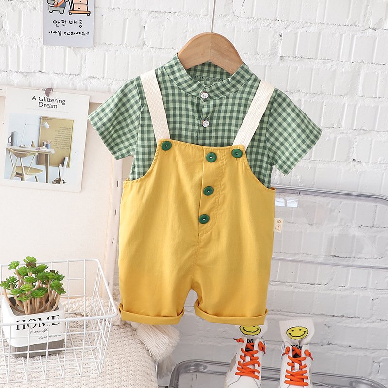 Wholesale of children's clothing, boys' summer baby braces, short sleeved two-piece sets