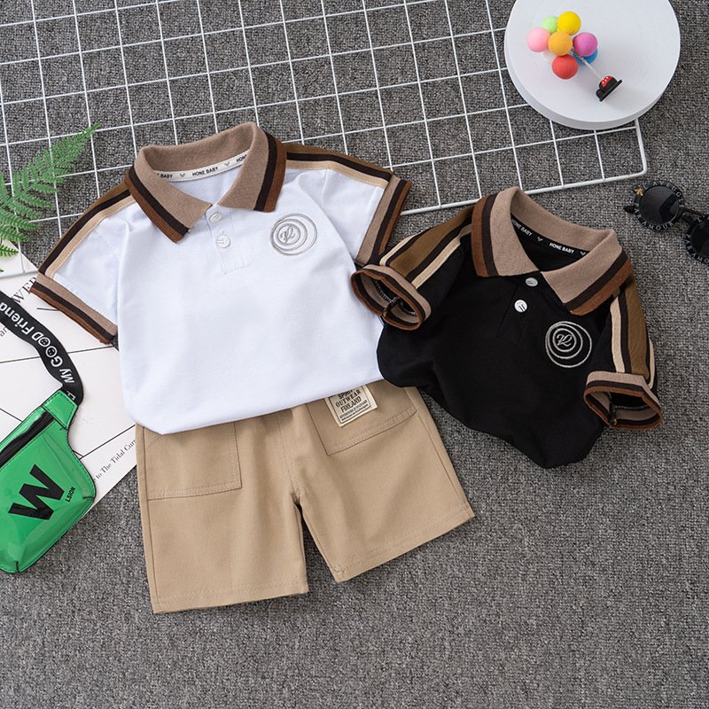 New 2024 fashionable children's baby two-piece polo shirt + short pants set short-sleeved embroidered letter short-sleeved suit