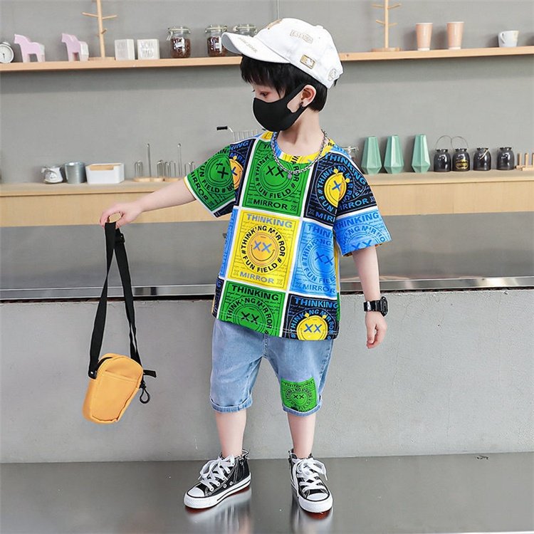 Summer New Stitching Smile Big Children Kids Clothes Boys 8-14 Years Fashion Jean Pants Big Boys Clothing Sets