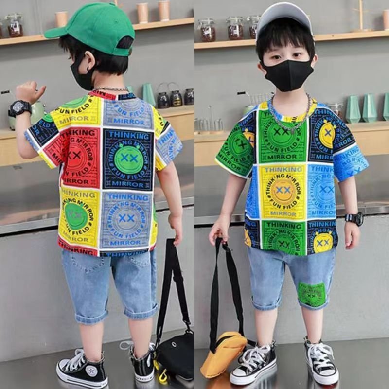 Summer New Stitching Smile Big Children Kids Clothes Boys 8-14 Years Fashion Jean Pants Big Boys Clothing Sets