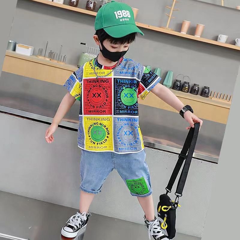 Summer New Stitching Smile Big Children Kids Clothes Boys 8-14 Years Fashion Jean Pants Big Boys Clothing Sets