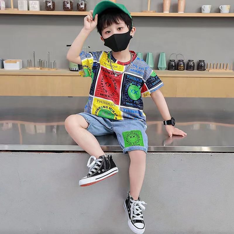 Summer New Stitching Smile Big Children Kids Clothes Boys 8-14 Years Fashion Jean Pants Big Boys Clothing Sets