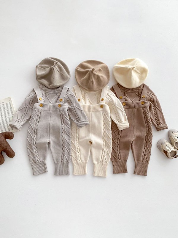 Autumn Spring Newborn Baby Girls Boys Solid Color Knitting Clothing Set Sweater Overall Children Clothes Suit