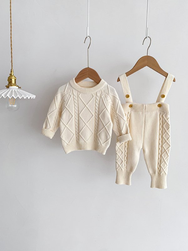 Autumn Spring Newborn Baby Girls Boys Solid Color Knitting Clothing Set Sweater Overall Children Clothes Suit