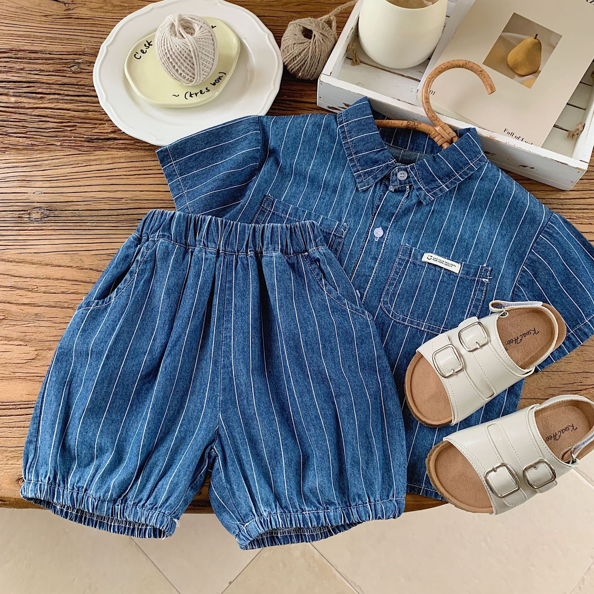 Summer children casual baby boys clothing sets vertical striped denim shirt and shorts two-piece baby suits
