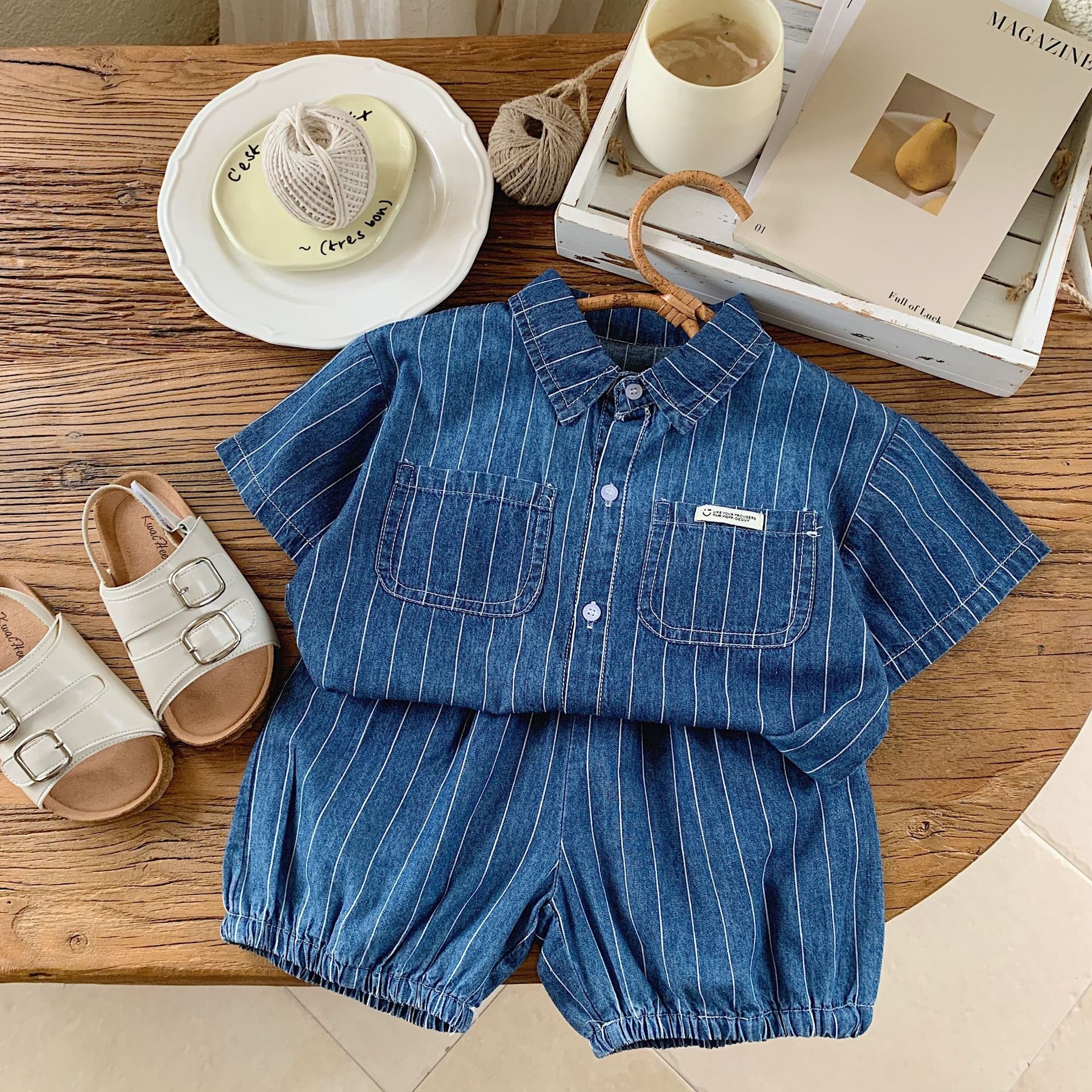 Summer children casual baby boys clothing sets vertical striped denim shirt and shorts two-piece baby suits