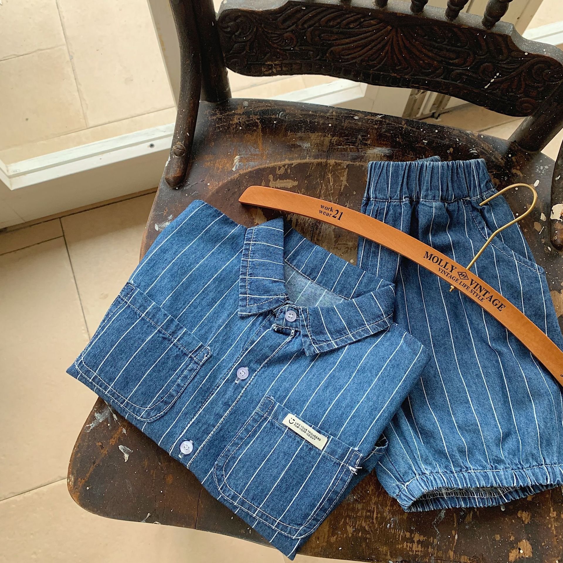 Summer children casual baby boys clothing sets vertical striped denim shirt and shorts two-piece baby suits