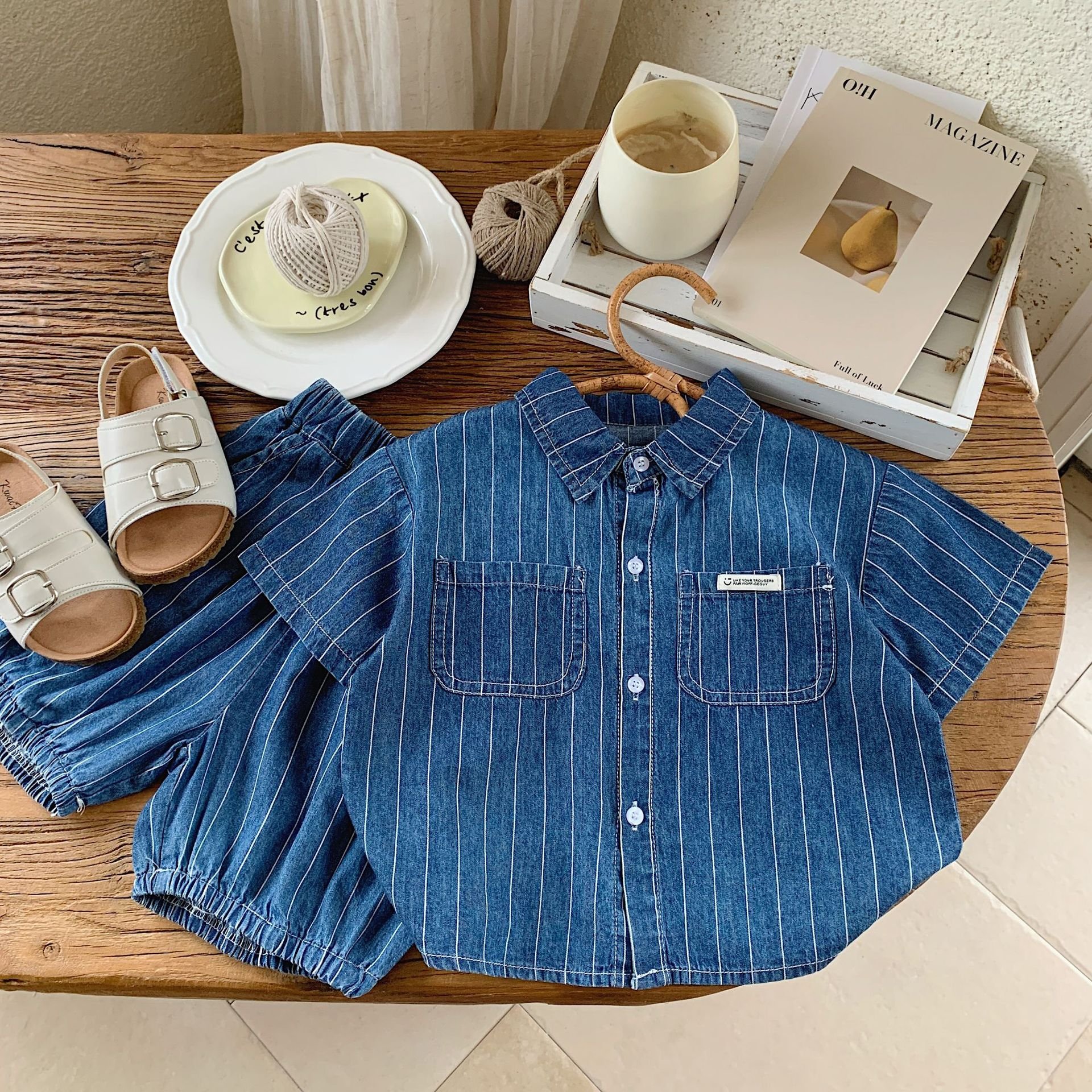Summer children casual baby boys clothing sets vertical striped denim shirt and shorts two-piece baby suits