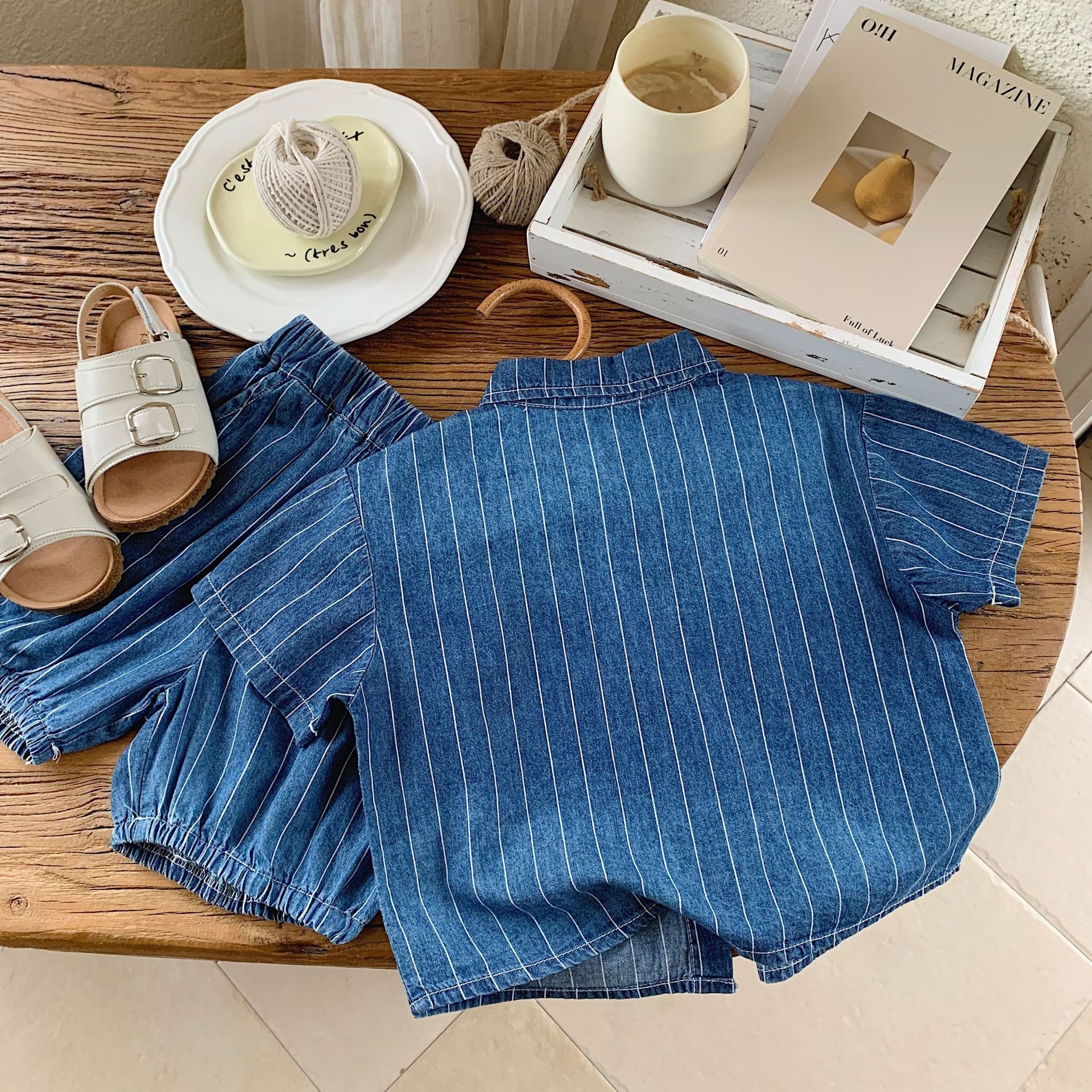Summer children casual baby boys clothing sets vertical striped denim shirt and shorts two-piece baby suits