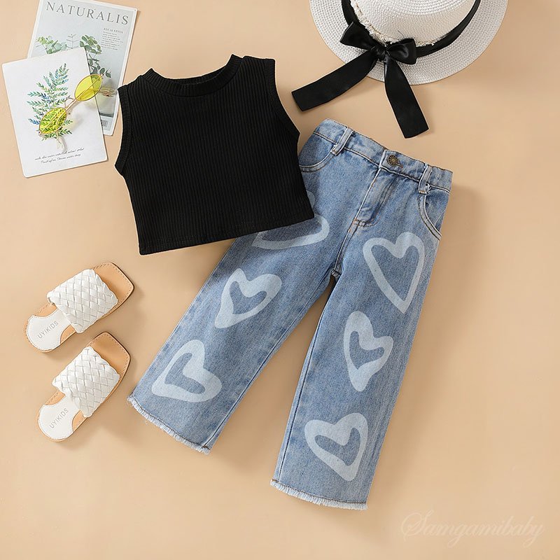 Wholesale RTS Two Pieces Girls Outfits Fashion Style Toddler Children Western Denim Clothes sets