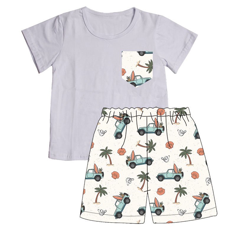 Custom Wholesale Kids Summer Clothes Sets Western Print Girls Boys T Shirt Shorts 2 Pieces Boys Clothing Sets