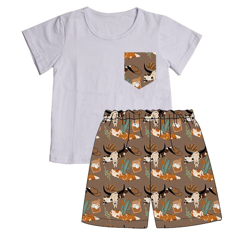 Custom Wholesale Kids Summer Clothes Sets Western Print Girls Boys T Shirt Shorts 2 Pieces Boys Clothing Sets
