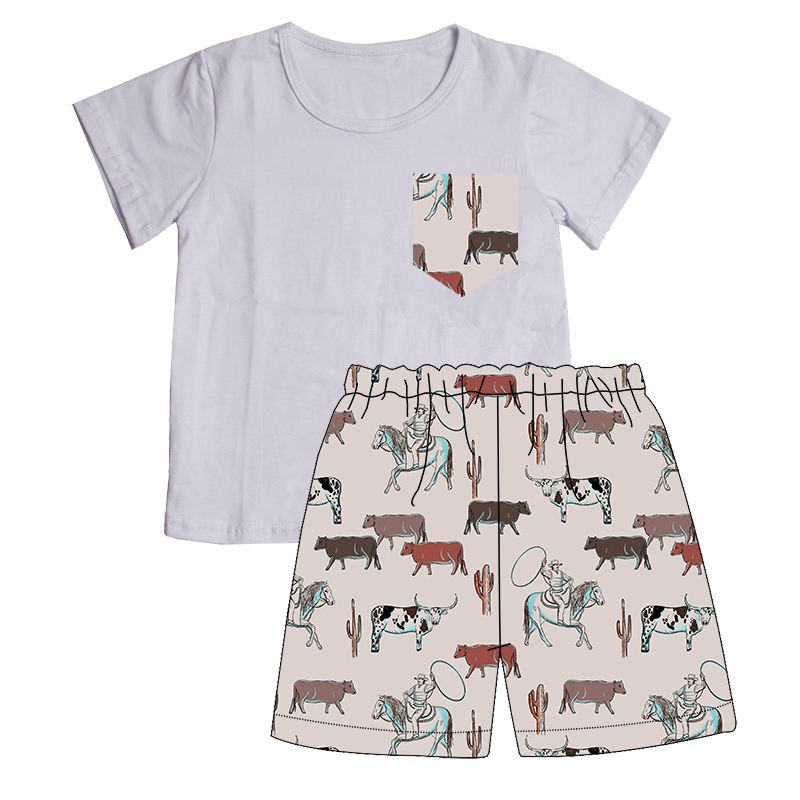 Custom Wholesale Kids Summer Clothes Sets Western Print Girls Boys T Shirt Shorts 2 Pieces Boys Clothing Sets